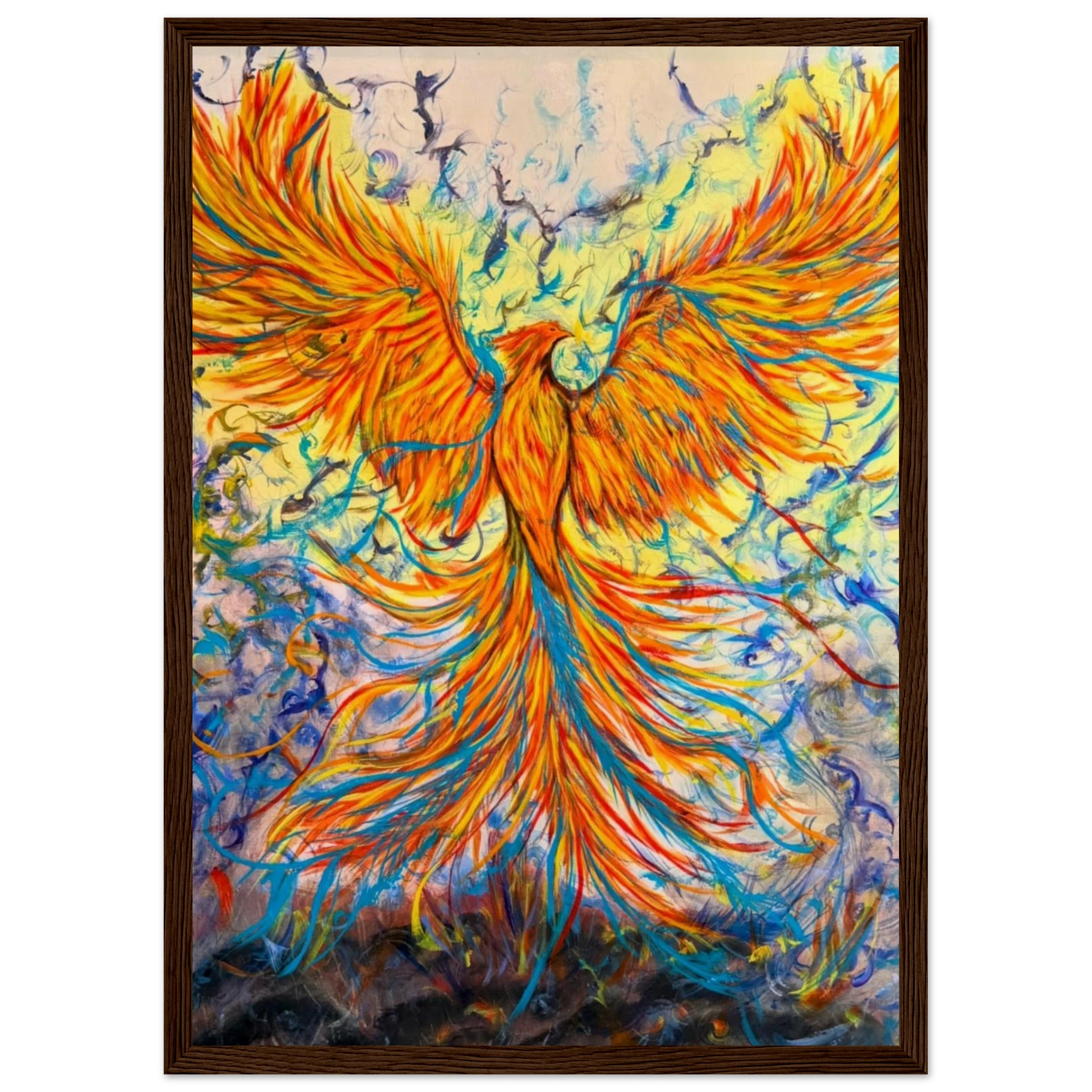 Gold and crimson phoenix art print detail - acrylic painting