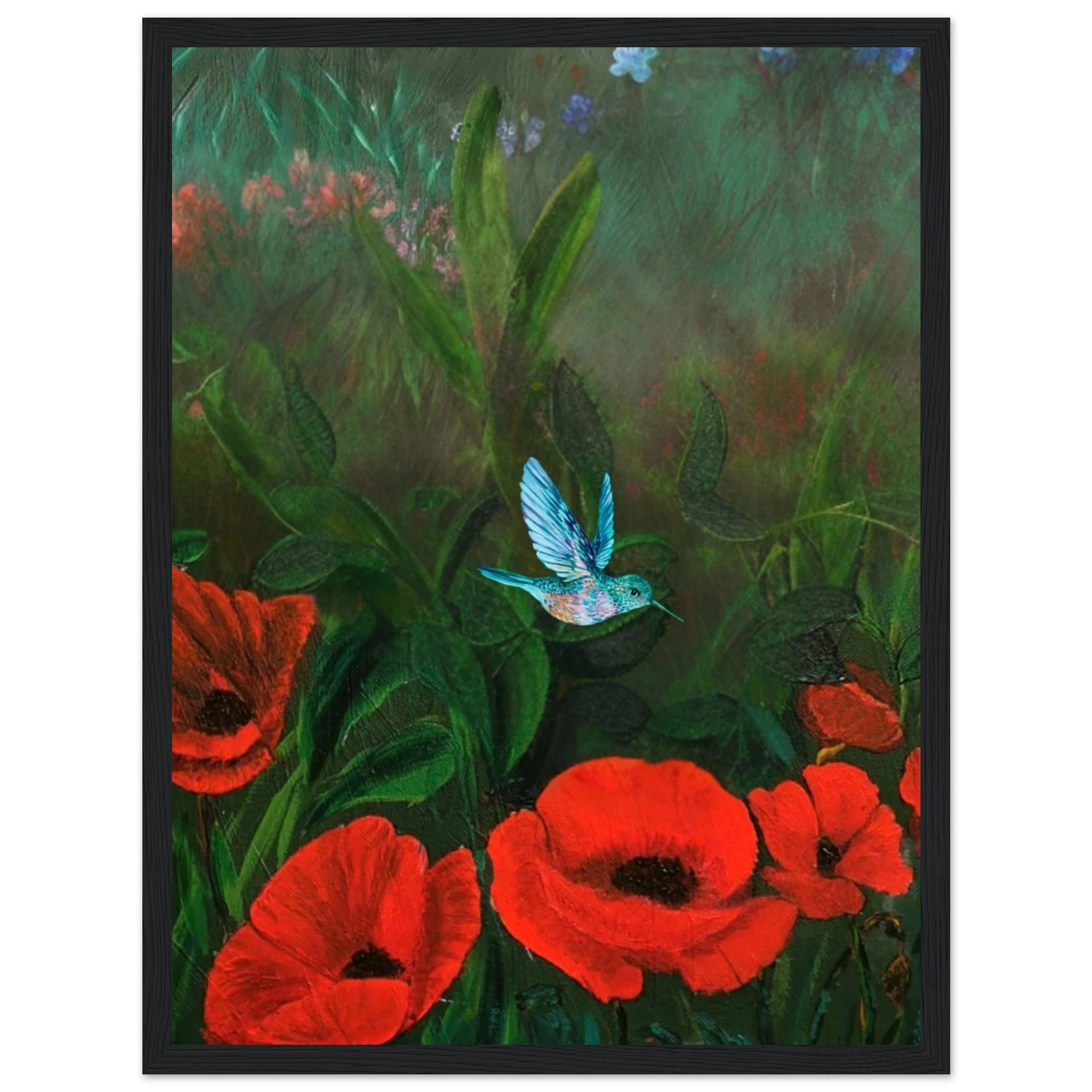 Red poppy wall art with hummingbird - Whisper Among Poppies nature print