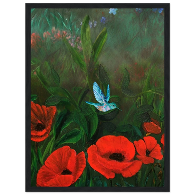 Red poppy wall art with hummingbird - Whisper Among Poppies nature print