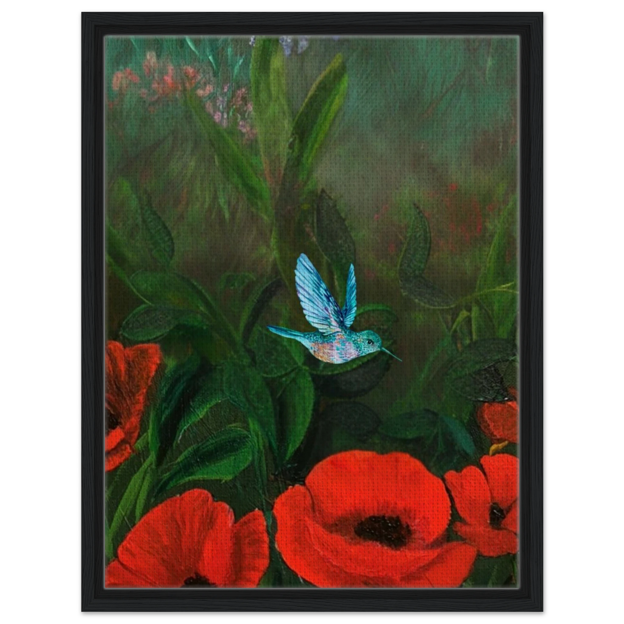 Vibrant poppy and hummingbird botanical art - framed wall art